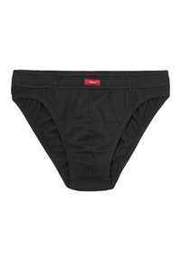 Schwarze Baumwollslips mit einem elastischen Bund, ausgestattet mit einem kleinen roten Label mit Branding. Der Stoff wirkt glatt und flexibel.