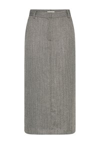 Jupe crayon mi-longue en chevrons gris avec passants de ceinture et fermeture à glissière à l'avant.