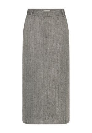 Siva herringbone suknja do koljena s remenom i prednjim zatvaračem na zip.