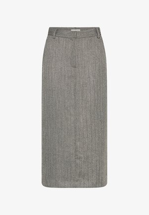 Gray herringbone knee-length pencil skirt with belt loops and a front zipper closure.
