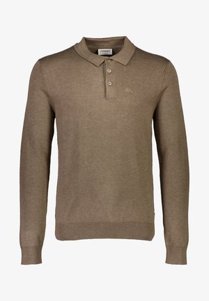 Polo trui met lange mouwen in taupe, gemaakt van zacht materiaal. Heeft een kraag, een drievaks knoopsluiting en geribbelde manchetten en zoom.