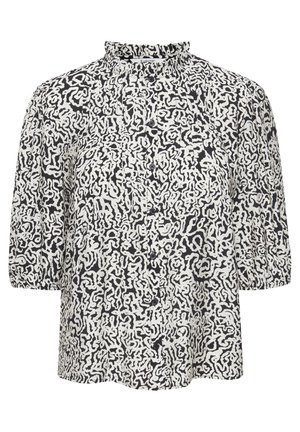 Črna in bela bluzica s potiskom, visokim volanom, kratkimi pufastimi rokavi, zapiranjem s sprednjimi gumbi in ohlapnim krojem.