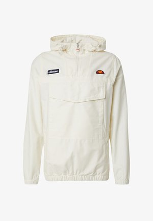 Cremfarbener Pullover-Jacke mit Kapuze, featuring einen Frontreißverschluss, einer großen Tasche und gestickten Logos auf der Brust; elastische Bündchen und Saum.