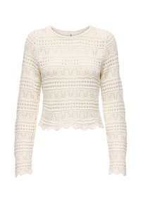 Pull court à manches longues de couleur crème avec un design en tricot ouvert, présentant des motifs horizontaux et verticaux, et un ourlet festonné.