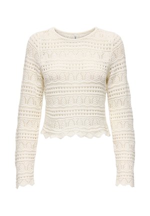 Roomkleurige, langermige, cropped trui met opengebreid ontwerp, met horizontale en verticale patronen en een golvende zoom.