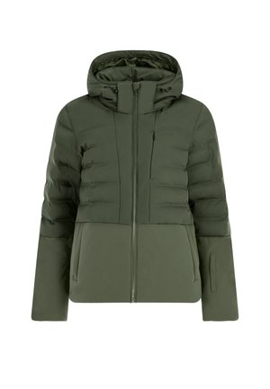 Olivgrüne gefütterte Jacke mit Reißverschluss und Kapuze, die an der Unterseite ein kontrastierendes glattes Panel und seitliche Taschen aufweist.