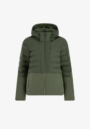 Olivově zelená péřová bunda se zipem vpředu a kapucí, s kontrastní hladkou částí na spodní straně a bočními kapsami.