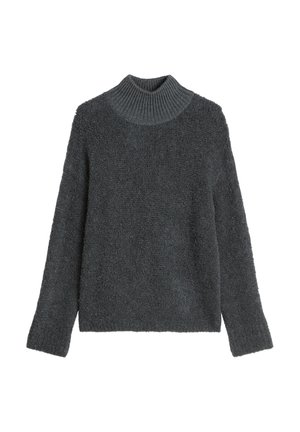 Maglionegrigio scuro, realizzato in un tessuto strutturato e soffice. Presenta un colletto a imbuto a costine e maniche lunghe con una vestibilità comoda e un design semplice.