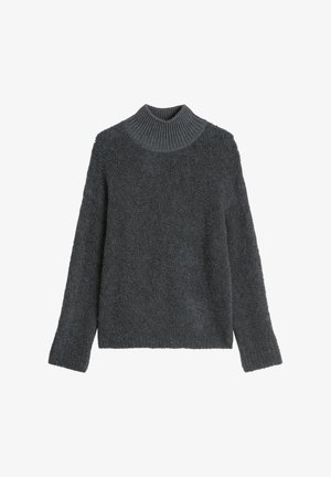 Pullover in Dunkelgrau, aus strukturiertem, flauschigem Stoff gefertigt. Verfügt über einen gerippten Rollkragen und lange Ärmel mit einer lässigen Passform und einfachem Design.