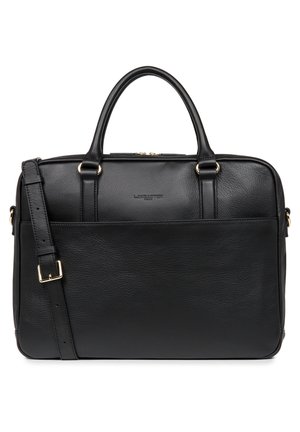 Portafoglio in pelle nera con maniglie superiori doppie e tracolla rimovibile. Presenta un design elegante, una texture liscia e una tasca esterna frontale.