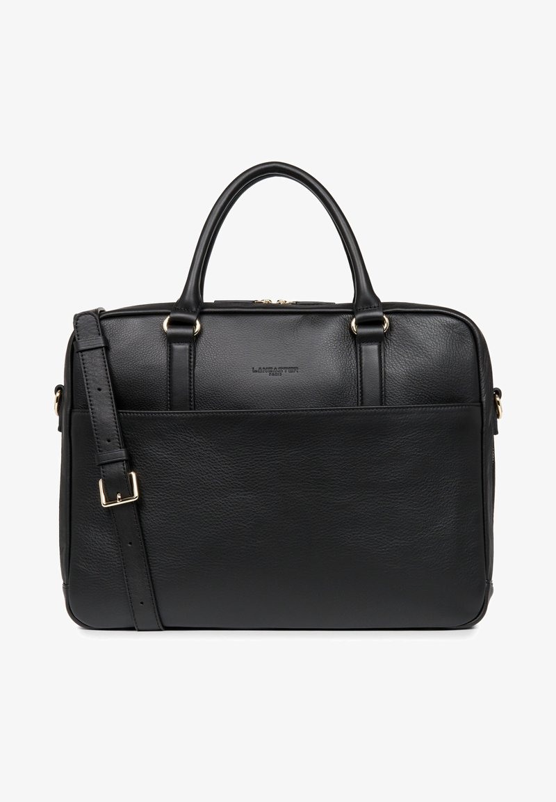 Zwarte leren aktetas met dubbele bovenhandvaten en een afneembare schouderriem. Heeft een strak ontwerp, een soepele textuur en een voorste buitenzak.