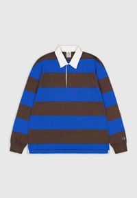 Polo a maniche lunghe con ampie strisce orizzontali blu e marroni, colletto bianco e dettaglio del logo sulla manica.