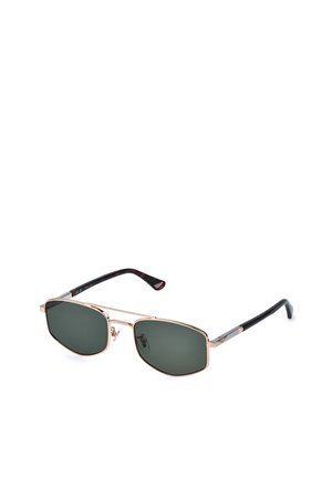 Lunettes de soleil rectangulaires à monture métallique avec verres vert foncé et branches noires, présentées sur fond blanc.