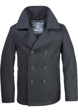 Manteau en laine noir à double boutonnage, avec de grands revers, six boutons noirs et des poches latérales. L'intérieur est doté d'une doublure matelassée.