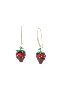 Gold hook earrings with red strawberry charms, green tops, and clear crystal embellishments on the hooks and fruit.