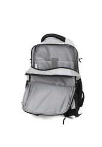 Zaino nero e grigio caratterizzato da un ampio interno con un compartimento imbottito, numerose tasche e una finitura in tessuto morbido.