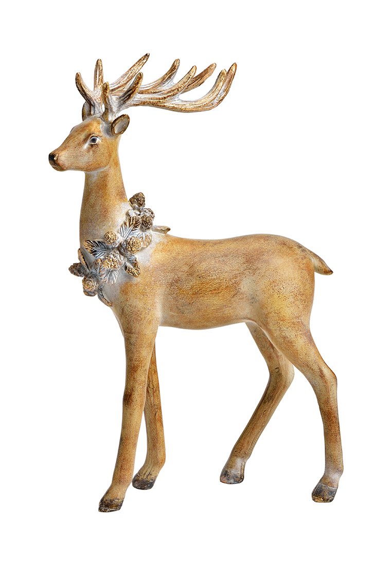 Bronzefarbene Rentierfigur mit filigranen Geweihen und einem floralen Kranzdetail, das eine glatte Textur und elegantes Design zeigt.