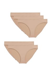 Perizomi beige in cotone, confezione da quattro, con design senza cuciture, vita media, texture liscia e senza motivi visibili.