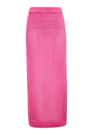 Roze gebreide midi-rok met een mesh-textuur. Aansluitende taille en volle lengte, met een laddersteekontwerp over het hele lijf.