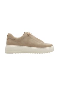 Baskets en cuir beige avec une texture lisse, présentant un design minimaliste, un bout rond et une semelle en caoutchouc blanche avec un relief texturé.