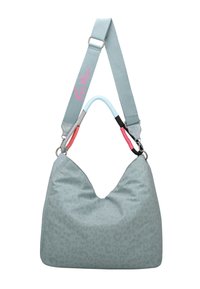 Borsa hobo blu chiaro con un sottile motivo leopardato e tessuto testurizzato. Presenta una tracolla multicolore con dettagli in metallo a contrasto.