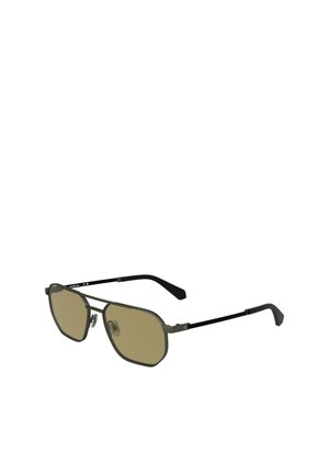 Sonnenbrille mit achtkantigen olivgrünen Rahmen, braunen Gläsern, schlanken schwarzen Bügeln und metallischen Akzenten an der Brücke und den Scharnieren.