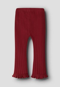 Leggings rojos acanalados con una cinturilla elástica ajustada y un dobladillo con volantes en la parte inferior. El tejido parece suave con un acabado texturizado.