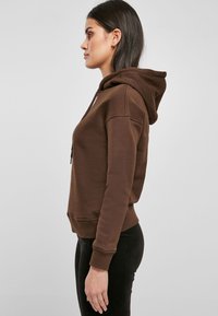 Sudadera marrón con cordón ajustable, puños y dobladillo acanalados. Fabricación de tela suave; cuenta con un bolsillo frontal. Corte ajustado, mostrado en un modelo.