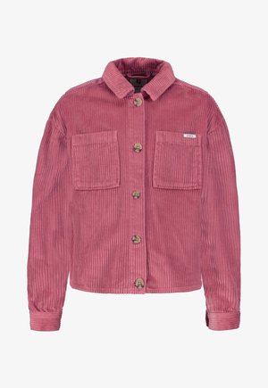 Rosa Cordjacke mit Knöpfen, zwei großen Fronttaschen, langen Ärmeln und einem Kragen.