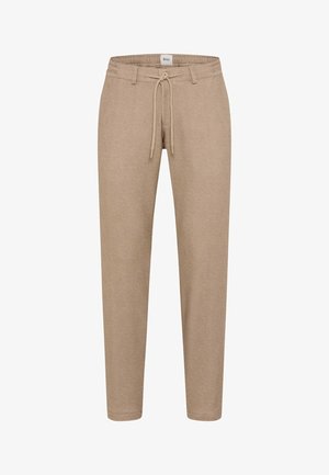 Beige tapered Hosen aus strukturiertem Stoff mit einem elastischen Bund und verstellbarem Kordelzug, ohne sichtbare Taschen.