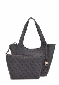 Borsa shopper nera e pochette abbinata con motivo logo testurizzato, finitura liscia, doppio manico e dettagli in metallo dorato.