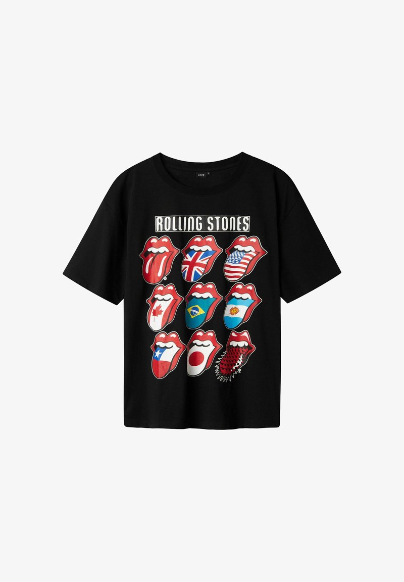 Camiseta de algodón negra con un gráfico de 12 labios coloridos con banderas, etiquetada "ROLLING STONES" en texto blanco en negrita en la parte superior.
