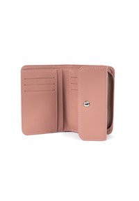 Portafoglio in pelle rosa con chiusura a pressione, scomparti interni per carte e un comparto con zip. Texture liscia e dettagli di cucitura a contrasto.