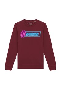 Bordeaux sweatshirt met een grafisch #NO EXCUSES in roze en blauwe neonstijl. Mouwmanchetten en ronde halslijn. Zachte stofstructuur.