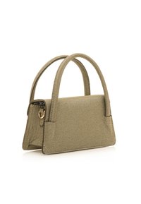Borsa in tessuto metallico verde oliva con design strutturato, doppie maniglie arrotondate e dettagli di cucitura in contrasto. Forma rettangolare compatta.
