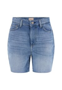 Pantalones cortos de mezclilla en azul claro con una cintura alta, diseño clásico de cinco bolsillos y un ligero desvanecimiento; presenta una etiqueta del logo en la cintura.