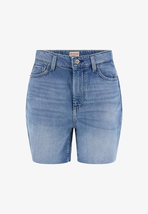 Shorts in denim di colore azzurro chiaro con vita alta, design classico a cinque tasche e leggera scoloritura; presenta una patch con il logo sulla vita.