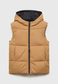Vest cu umplutură de culoare bej, cu glugă, având închidere prin fermoar și două buzunare frontale. Material texturat cu segmente cusute și căptușeală interioară de culoare neagră.