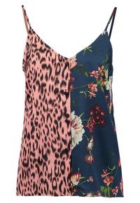 Blommig och leopardmönstrad cami i rosa och marinblått, med justerbara spaghettiarmband, mjukt tyg och en delad design med knappdetaljer.