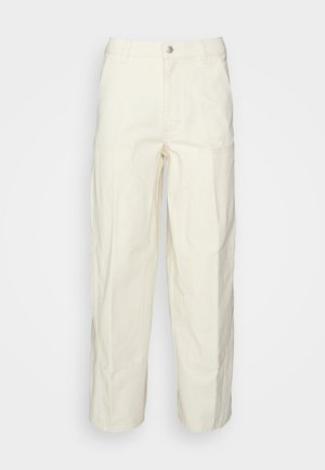 Light beige utility pants with a relaxed fit, button closure, and patch pockets on the front. Made of durable cotton fabric.