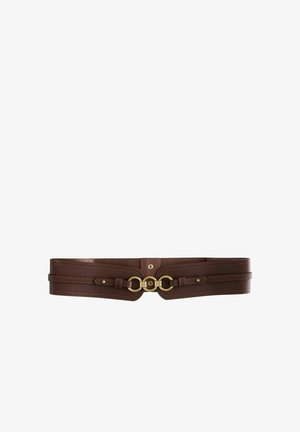 Cintura in pelle marrone con un design ampio, caratterizzata da due fibbie rotonde color oro al centro e cuciture decorative lungo i bordi.
