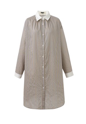 Gestreept shirt met knopen aan de voorkant, lange mouwen en een witte kraag. Voorzien van verticale lijnen in bruin en blauw. Zacht, lichtgewicht stof.