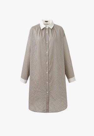 Gestreept shirt met knopen aan de voorkant, lange mouwen en een witte kraag. Voorzien van verticale lijnen in bruin en blauw. Zacht, lichtgewicht stof.