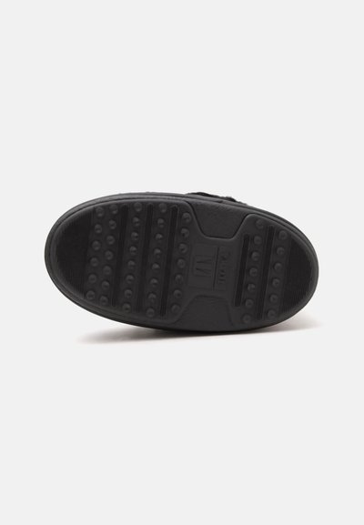 Semelle de chaussure noire avec une surface antidérapante texturée, forme ronde, et motifs circulaires et rayés en relief sur fond blanc.