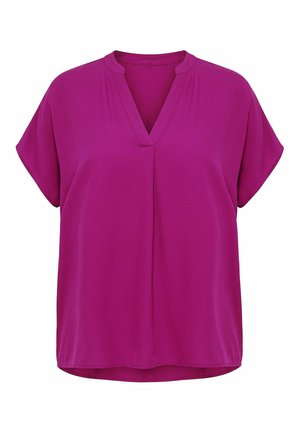 Magenta Kurzarmbluse mit V-Ausschnitt und dezentem Kragen, lockerer Passform und einem mittigen Nahtdetail vorne.
