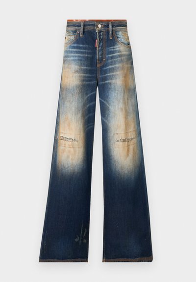 Μπλε τζιν παντελόνι με φαρδιά μπατζάκια, με ξεθωριασμένα και φθαρμένα σημεία στους μηρούς και τα γόνατα, διαθέτει κλασικό σχεδιασμό με πέντε τσέπες και κούμπωμα με κουμπί.