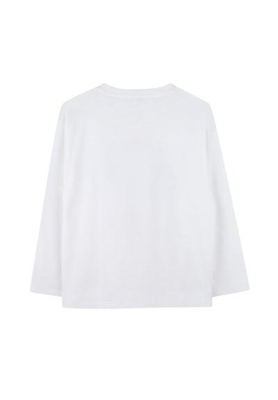 Chemise blanche à manches longues en coton, avec un col rond et une coupe décontractée à silhouette droite. Aucun motif ni accent visible.