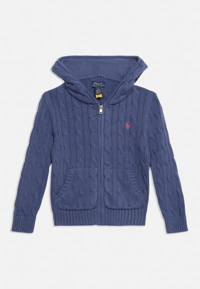 Sudadera con capucha azul de punto con cremallera, bolsillos delanteros y logotipo rosa de Polo Ralph Lauren en el pecho izquierdo.