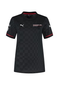 Czarna koszula z krótkim rękawem z wzorem w kratę, logo Porsche Motorsport oraz czerwonymi akcentami na rękawach i kołnierzu. Wykonana z lekkiego materiału.