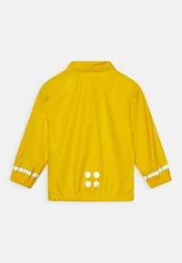 Yellow waterproof rain jacket with a collar, elastic cuffs, and reflective stripes on sleeves. Features circular white accents on the back.